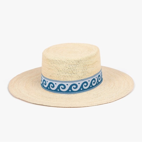 Anthropologie X Elegancia Tropical Stylish Beige Straw Hat with Blue Wave Band main image 5